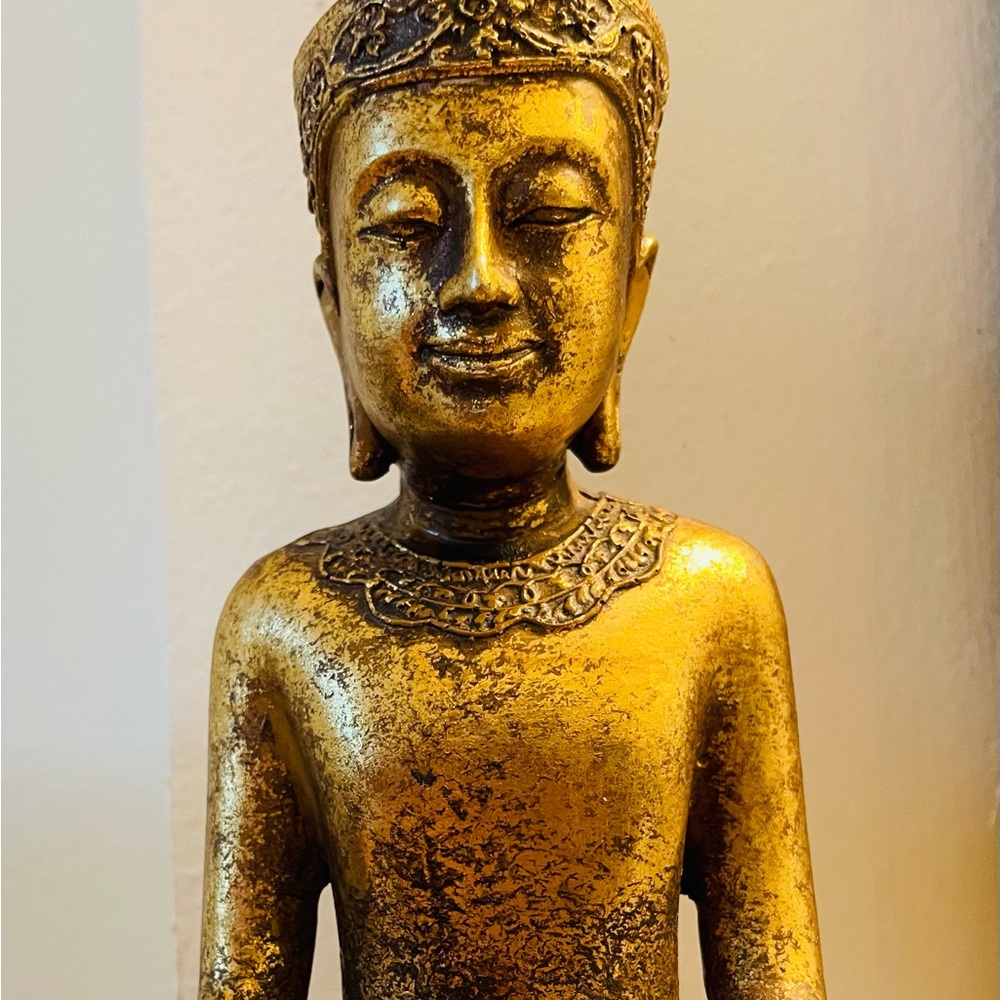 Buddhist art-sitting gold Thai Buddha-holds offering bowl-serenity-votive candle